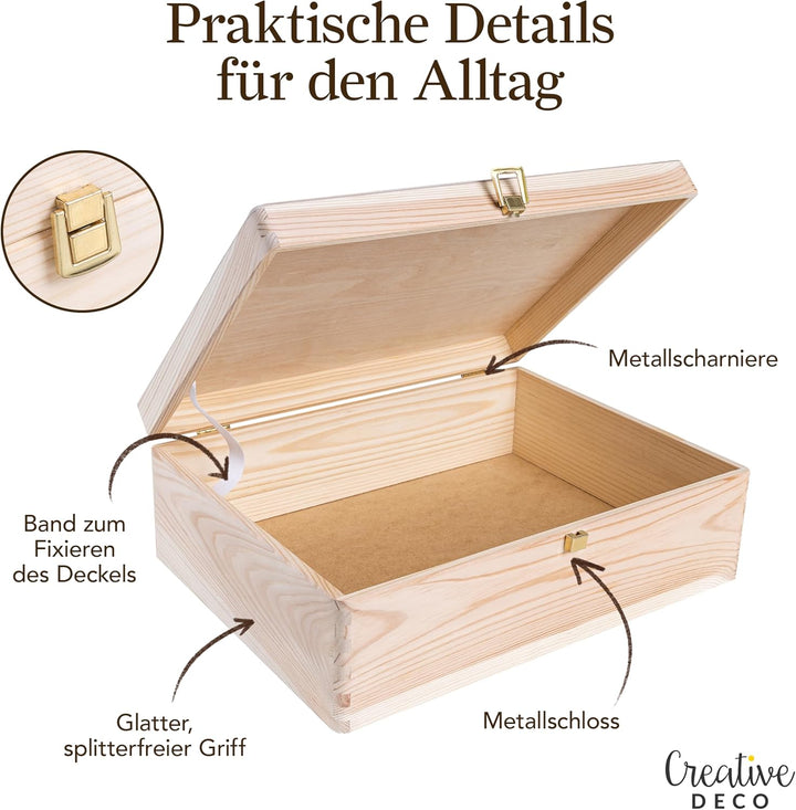 Creative Deco XL Grosse Holzkiste mit Deckel und Schloss | 40x30x14 cm (+/-1cm) | Erinnerungsbox Bab