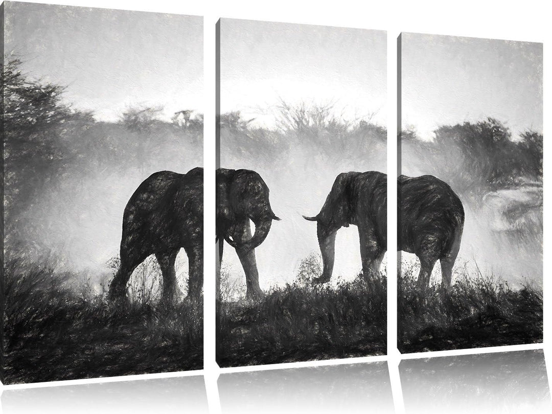 Pixxprint kämpfende Elefanten Kunst / 3-Teilig/Gesamtmass 120cm Leinwandbild bespannt auf Holzrahmen