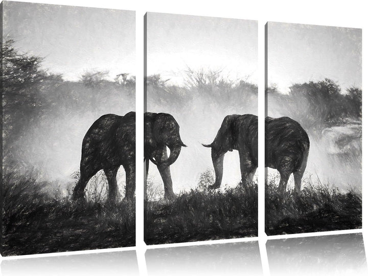 Pixxprint kämpfende Elefanten Kunst / 3-Teilig/Gesamtmass 120cm Leinwandbild bespannt auf Holzrahmen