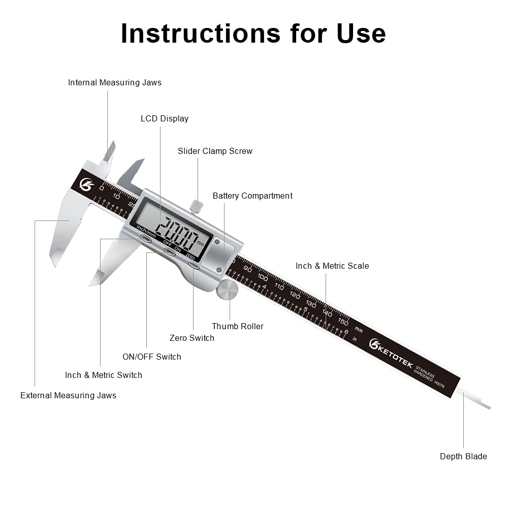 KETOTEK Messschieber Digital Schieblehre Edelstahl, 150mm / 6-Zoll Schublehre mit Ersatzbatterie, Ca
