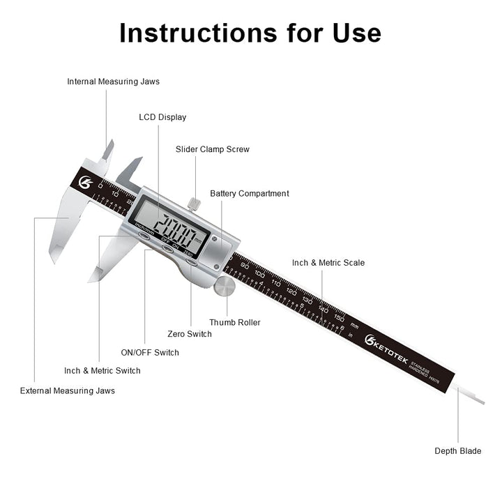 KETOTEK Messschieber Digital Schieblehre Edelstahl, 150mm / 6-Zoll Schublehre mit Ersatzbatterie, Ca