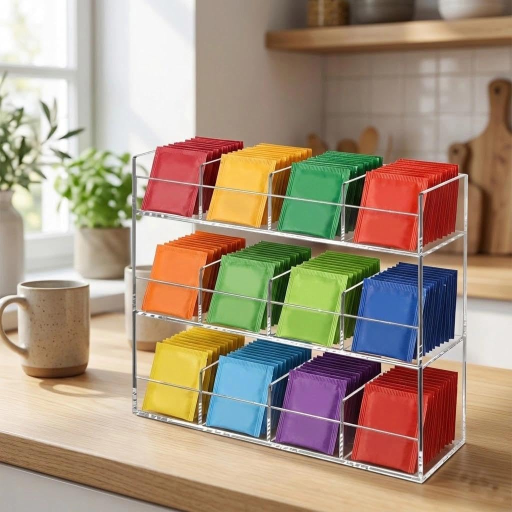 Teebeutel Organizer aus Transparentem Acryl, 12-Fach Teebox für 200+ Teebeutel, Stapelbare Tee Aufbe