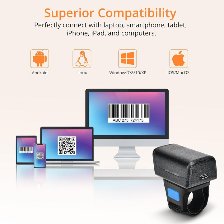 JRHC 1D 2D Bluetooth tragbarer Ring Barcode Scanner, tragbarer Mini Barcode-Barcode-Leser mit 2,4-GH
