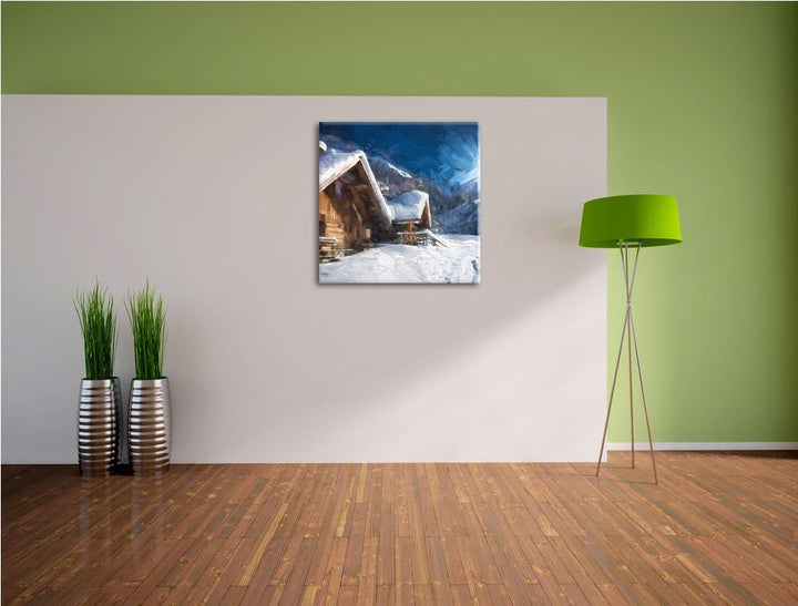 Pixxprint Verschneite Hütten in winterlicher Alpenlandschaft, Format: 70x70 auf Leinwand, 70x70