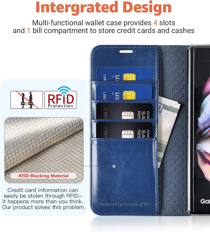 OCASE Hülle Samsung Galaxy Z Fold 3 5G Handyhülle mit S Pen Halter [Premium PU Leder] [Kartenfach] C