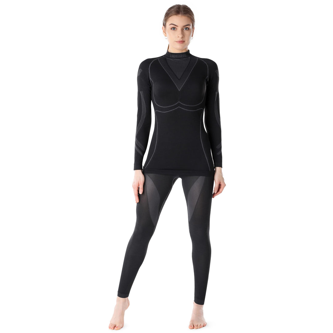Ladeheid Thermounterwäsche Damen Set Langarm Shirt Lange Unterhose Thermoaktiv LAGI006, Schwarz/Grap