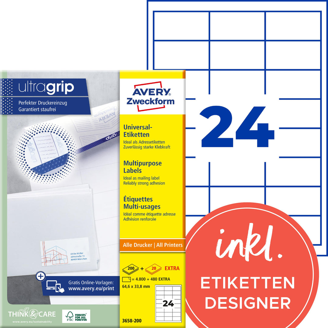 AVERY Zweckform 3658-200 Adressaufkleber (4.800 plus 480 Klebeetiketten extra, 64,6x33,8mm auf A4, b