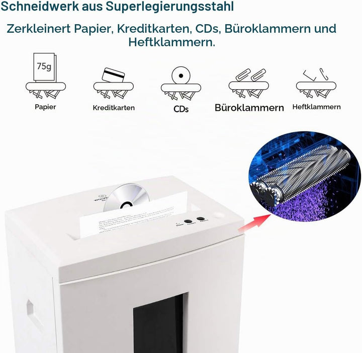 WOLVERINE 10-Blatt-P5-Hochsicherheits-Aktenvernichter, 60 Minuteer mit Super-Mikroschnitt für schwer