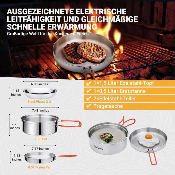 KingCamp Camping Kochgeschirr Set Stainless Steel faltbar Kochset Töpfe Set Geschirr Set Outdoor Koc
