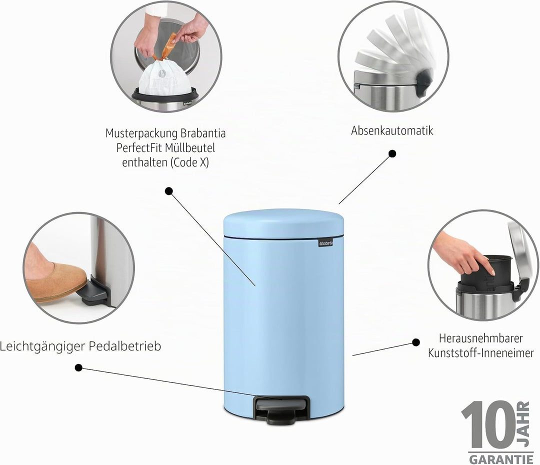Brabantia - NewIcon Treteimer 12L - Medium Abfalleimer für Küche oder Schlafzimmer - Sanft Schliesse
