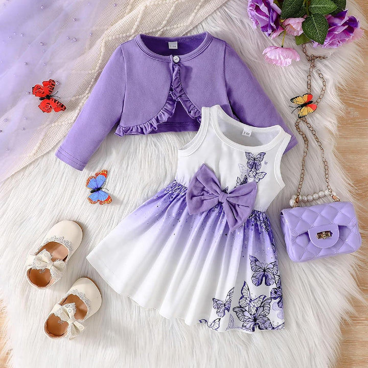 Kunyeah Baby Mädchen Kleid und Strickjacke Set Kleinkind Ruffle Shrug Mantel Schmetterling Print Roc