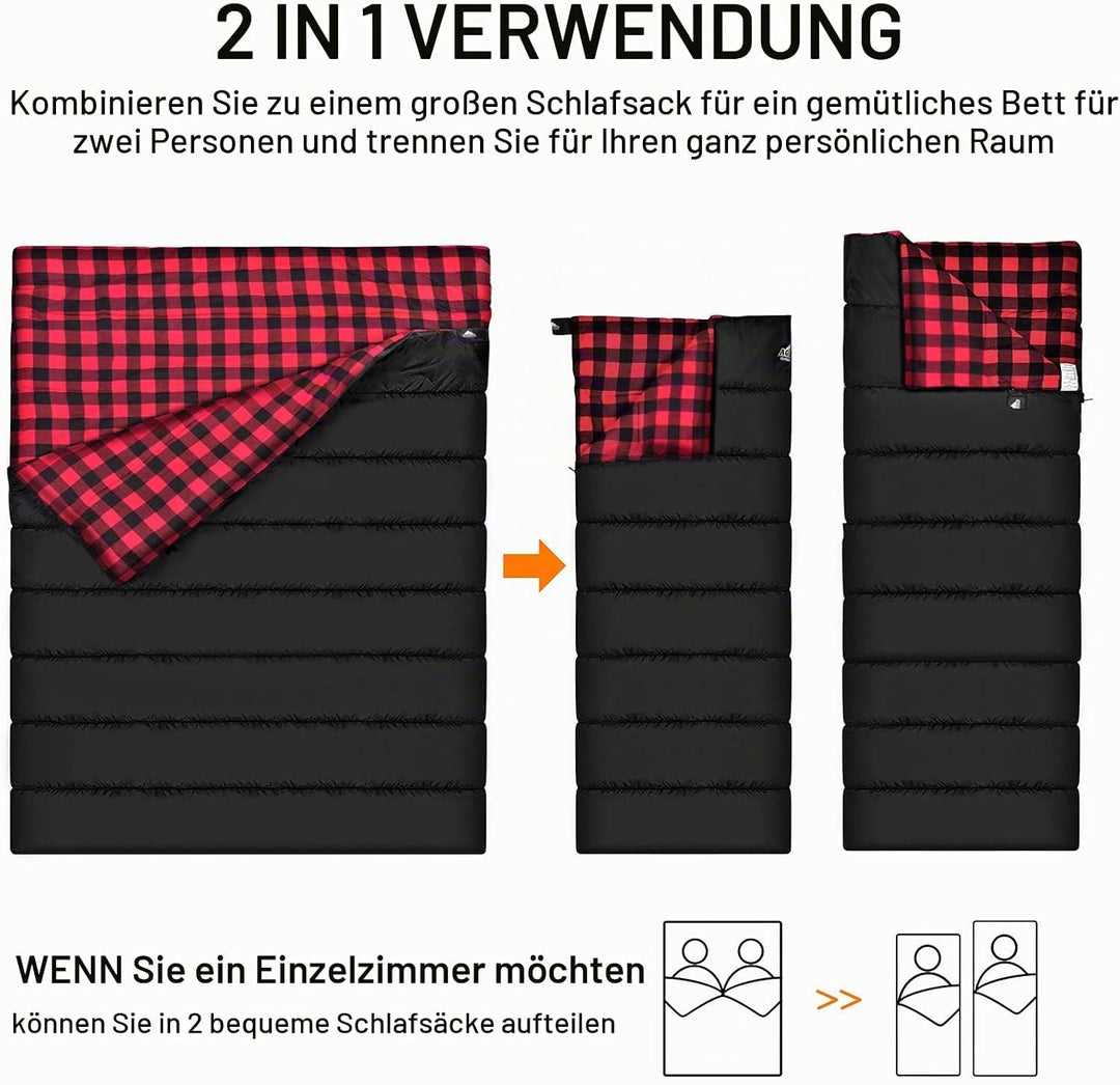 Baumwollflanell-Doppelschlafsack für Camping, Wandern oder Wandern. Queen Size 2 Person wasserdichte