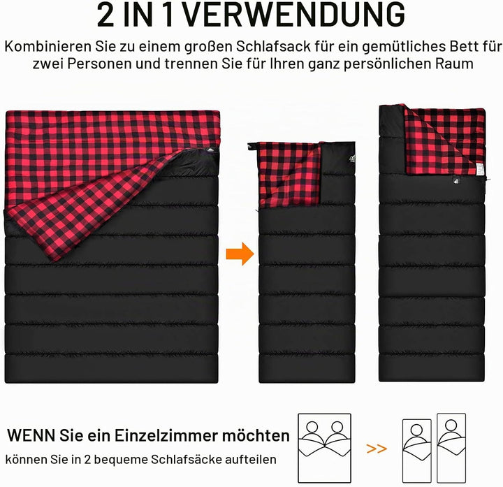 Baumwollflanell-Doppelschlafsack für Camping, Wandern oder Wandern. Queen Size 2 Person wasserdichte