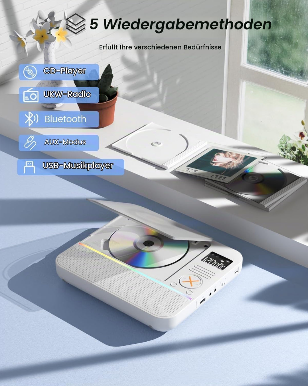 MONODEAL 2026 CD Player Tragbar mit RGB-Licht,HiFi-Stereoanlage Tragbarer CD Player Bluetooth, Wiede