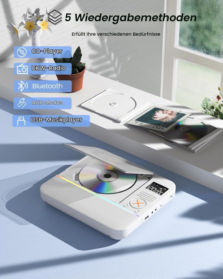 MONODEAL 2026 CD Player Tragbar mit RGB-Licht,HiFi-Stereoanlage Tragbarer CD Player Bluetooth, Wiede