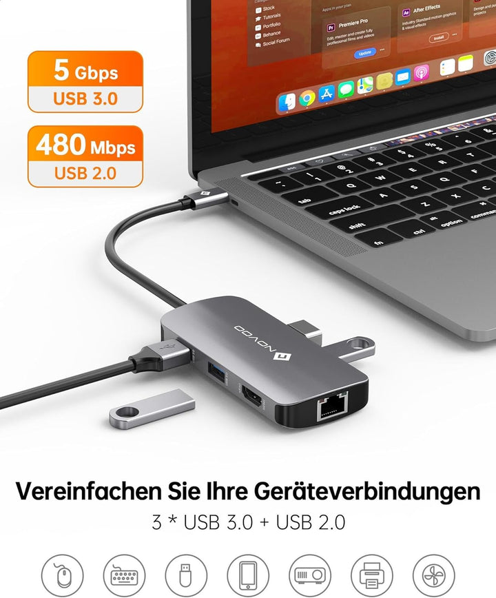 NOVOO Mulitport Adapter USB C auf Ethernet, 7 in 1 Hub USB C auf HDMI 4K, 100 W PD Ladeanschluss, US