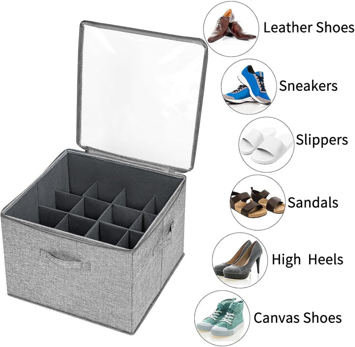 Verstellbarer Schuhorganizer 16 Fächer, Faltbare Schuhaufbewahrungsbox mit transparenter Staubschutz