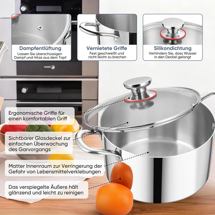 Kochtopf, Onader 3-Lagen Edeastahl Topf Induktion, 5,6L Kochtöpfe Nudeltopf Suppentopf mit Glasdecke