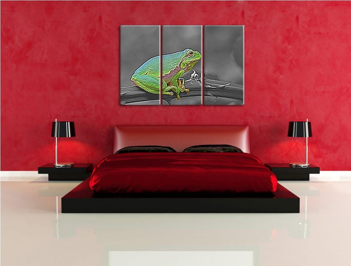 winziger Frosch auf Dornenast schwarz/weiss Spezial 3-Teiler Leinwandbild 120x80 Bild auf Leinwand,