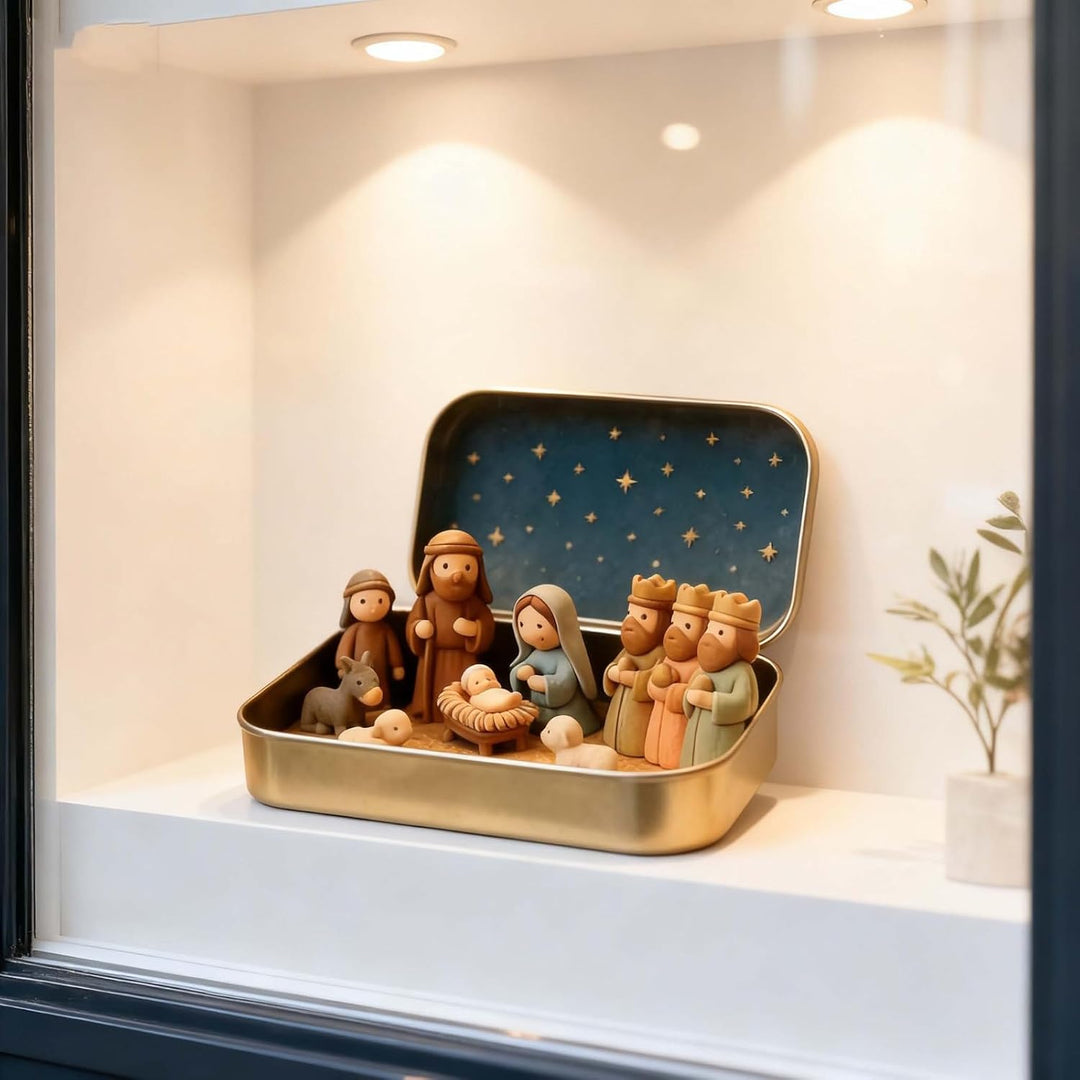 2er Mini Weihnachten Krippe Set In Einer Metalldose, 3D Krippenfiguren Set A+b, A+b