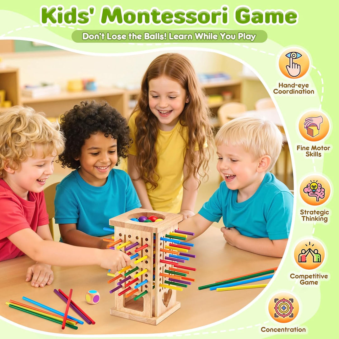 Montrix Montessori Spiel Brettspiel aus Holz, 42 Bunte Holzstäbchen Lernspiele ab 3 4 5 6 Jahre, Fei