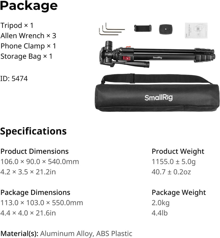 SMALLRIG Aluminium-Kamerastativ AP-30, 67,7 Zoll Reisestativ mit Telefonclip und Tragetasche, Tragba