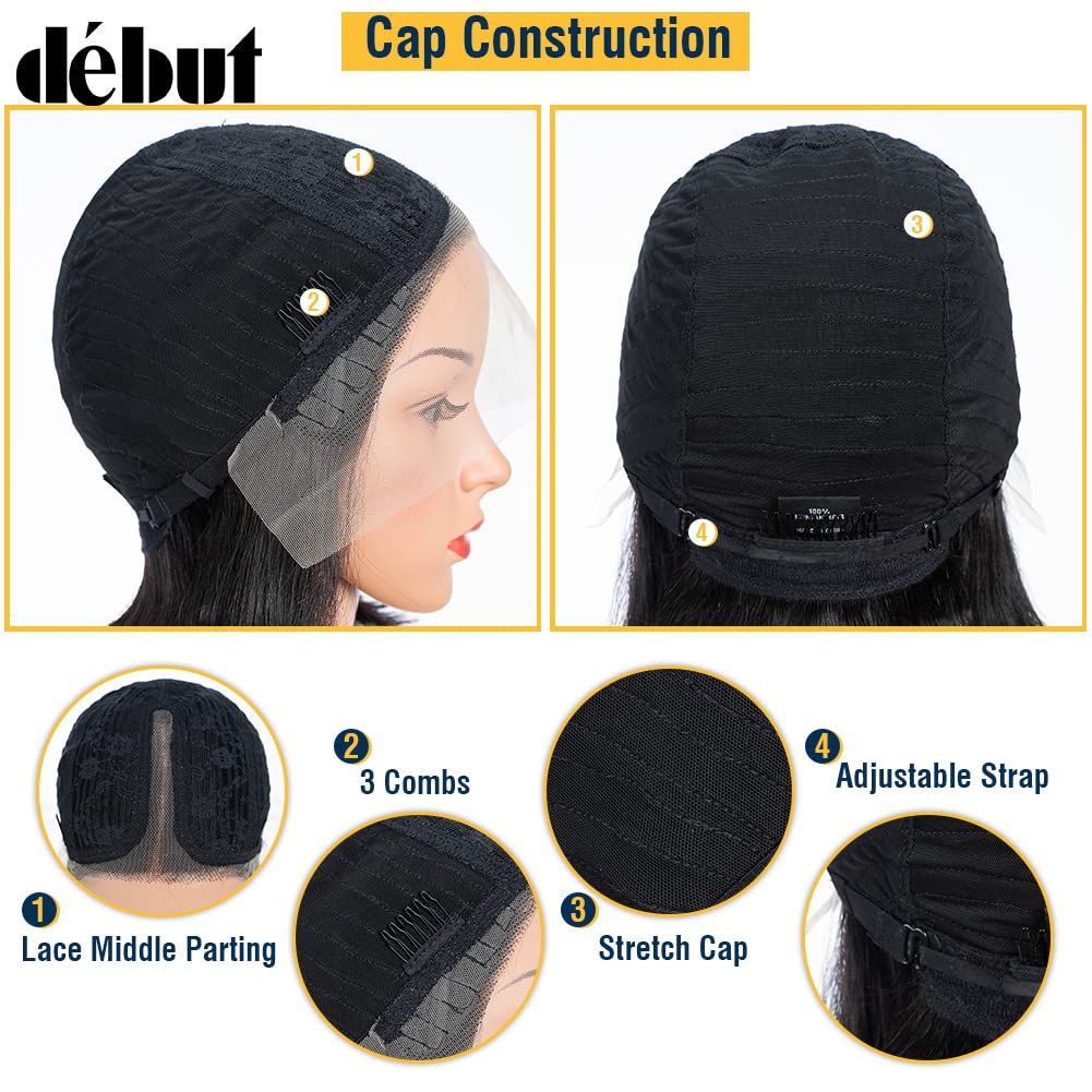 DÉBUT Glatte Bob Perücke, Echthaar, T-Teil, Spitzenfront, Bob-Perücke, vorgezupft, mit Babyhaar, 150