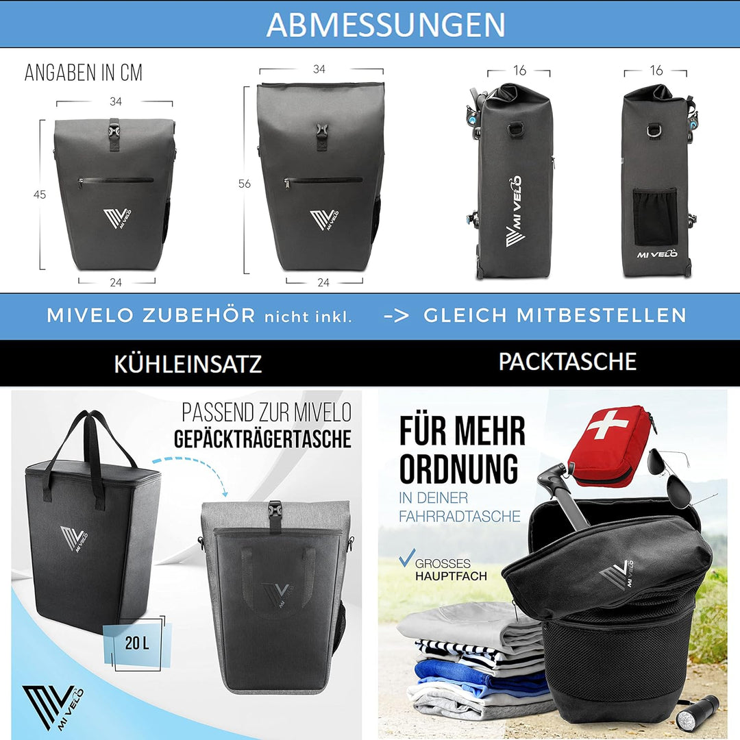 MIVELO 2in1 Fahrradtasche Gepäckträgertasche wasserdicht 100% PVC frei + Laptopfach + Schloss – Fahr