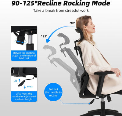 Daccormax Bürostuhl Ergonomisch, Schreibtischstuhl mit Verstellbarer Kopfstütze, Armlehnen, Lendenwi