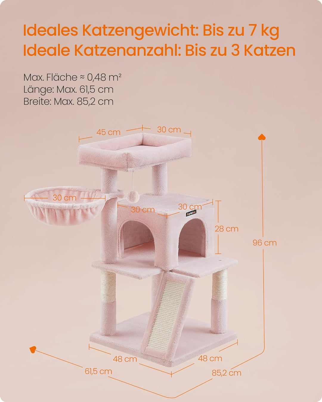 Feandrea Kratzbaum, Katzenbaum mit grosser Plattform, pastellrosa PCT051P01, pastellrosa