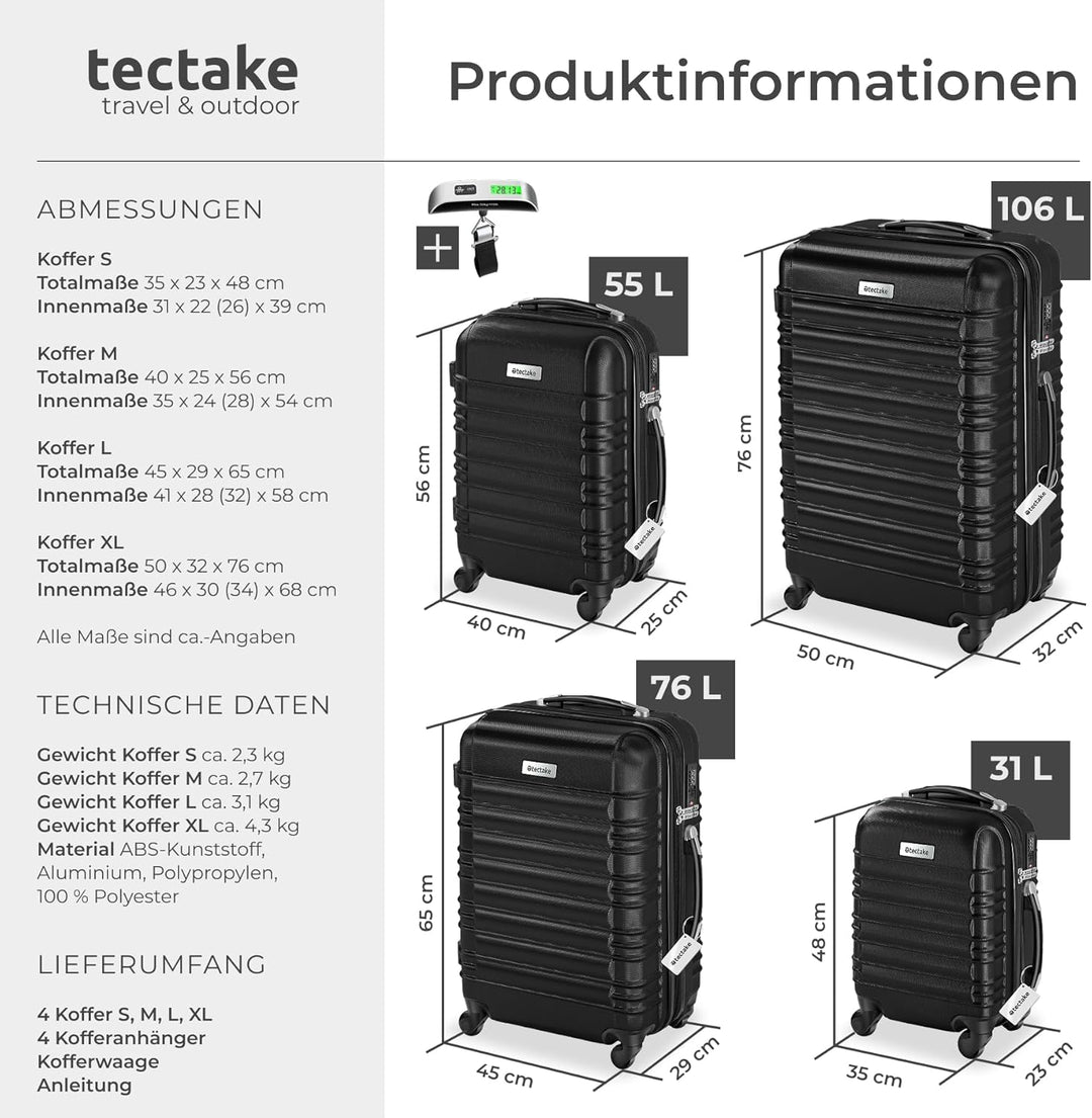 tectake® 4tlg. Hartschalenkoffer Set, Reisekoffer Set mit Rollen, Hartschale aus ABS, Koffer Set mit