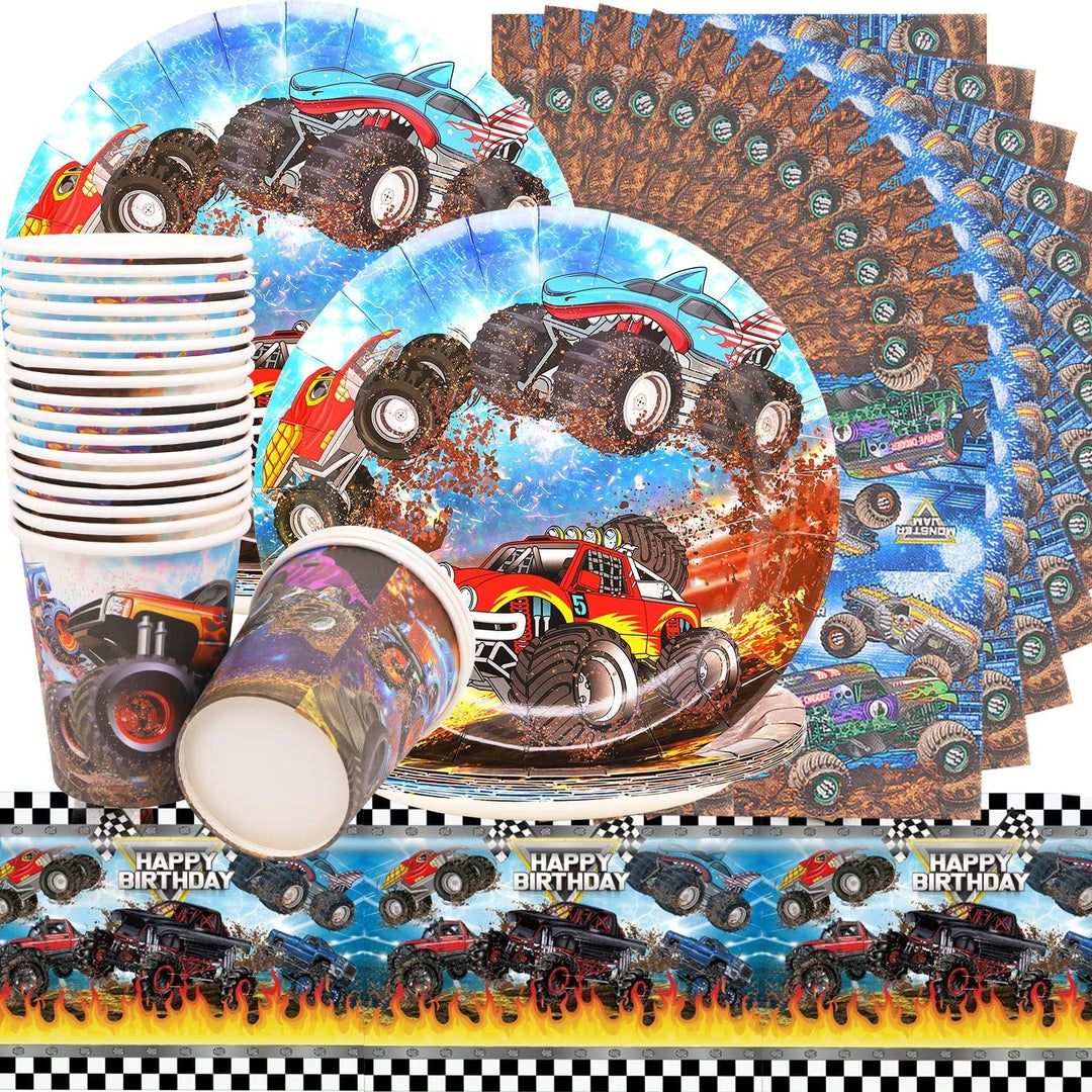 Monster Truck Geburtstag Geschirr Set, Auto Party Deko Set Einschliesslich 20 Teller, 20 Becher und