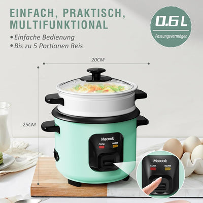 0.6 L Mini-Reiskocher 3-Tassen ungekocht, Macook Tragbarer Antihaft-Reis-Kocher, mit Aluminium-Dampf