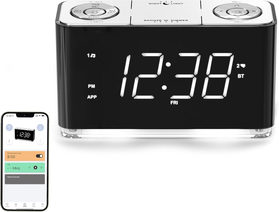iTOMA Radiowecker, Bluetooth, grosse LED-Anzeige, UKW-Radio, Dual-Alarm, USB-Ladeanschluss, Wecker,