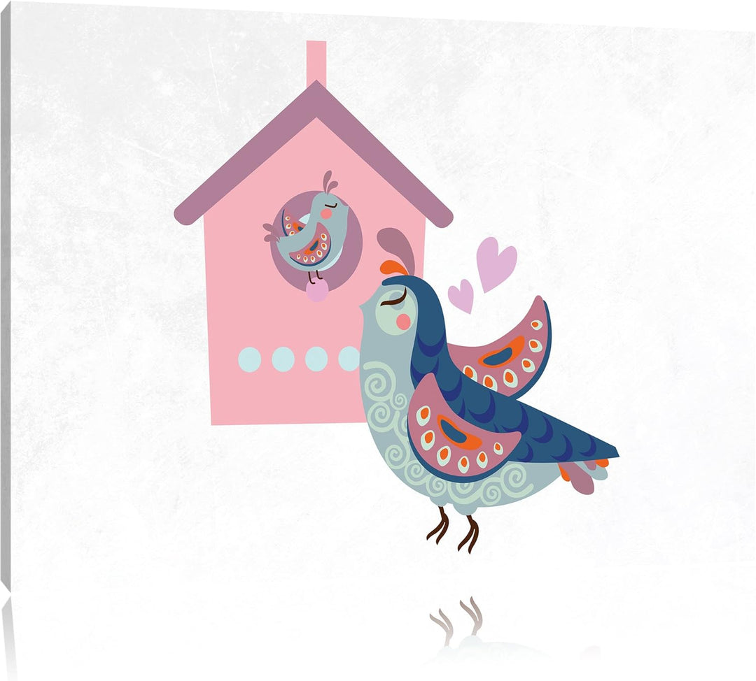 Pixxprint Vogelmutter mit süssem Vogel Baby und Vogelhäuschen weiss, Format: 100x70 auf Leinwand, XX