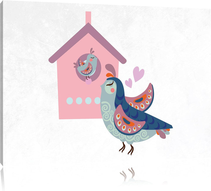 Pixxprint Vogelmutter mit süssem Vogel Baby und Vogelhäuschen weiss, Format: 100x70 auf Leinwand, XX