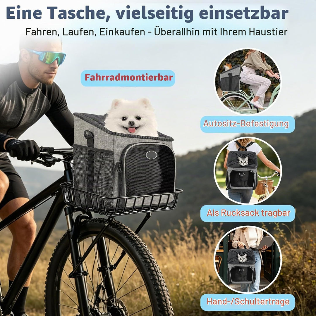 Hundefahrradkorb Vorne &amp; Atmungsaktiver Hunderucksack bis 5,5 kg, Faltbarer Hunde Rucksack, Hundekor