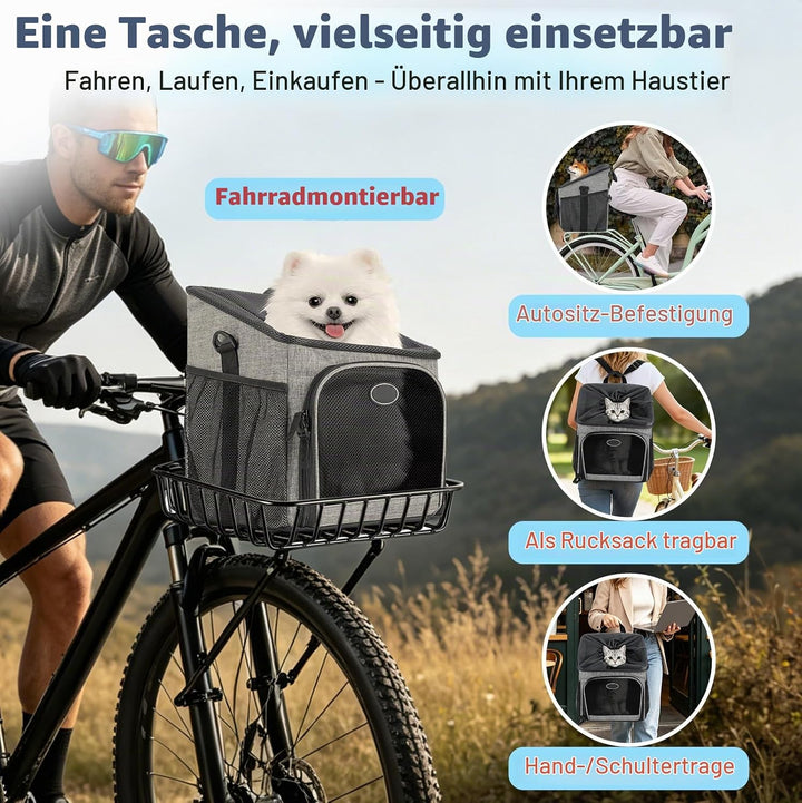 Hundefahrradkorb Vorne &amp; Atmungsaktiver Hunderucksack bis 5,5 kg, Faltbarer Hunde Rucksack, Hundekor