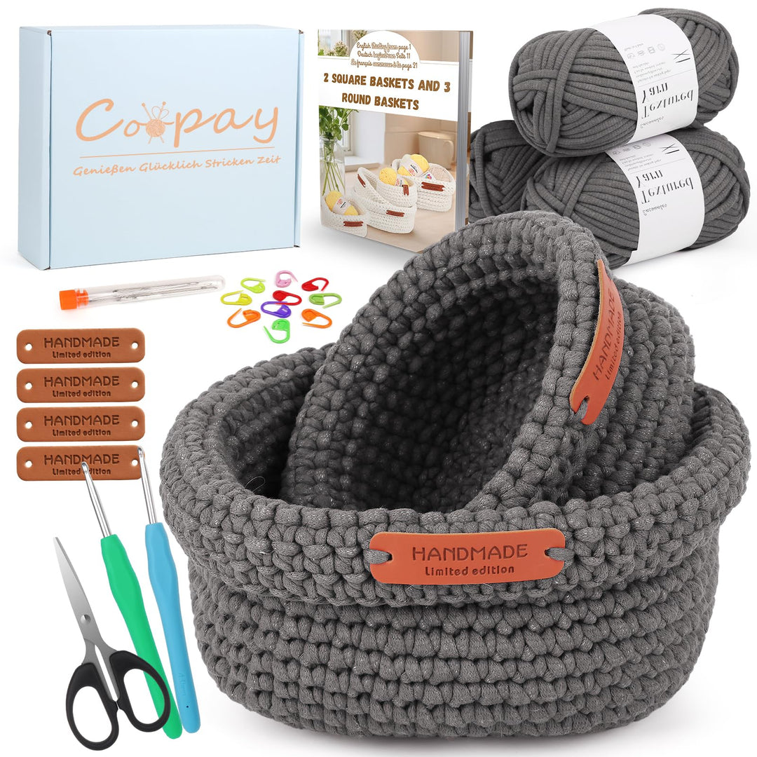 Coopay Häkelset für Anfänger – 2 Grössen – quadratische Körbe – mit Muster und Zubehör – DIY-Set zum