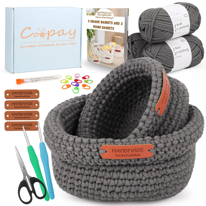 Coopay Häkelset für Anfänger – 2 Grössen – quadratische Körbe – mit Muster und Zubehör – DIY-Set zum