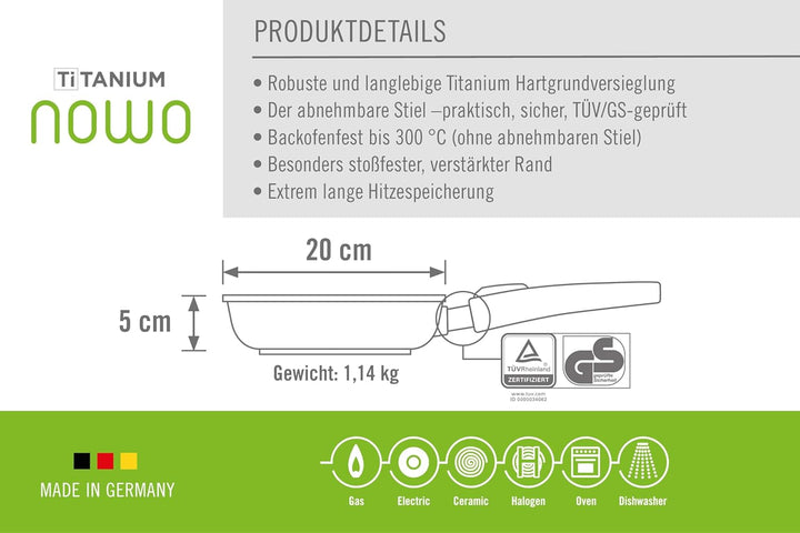 Woll Nowo Titanium Flachpfanne, Ø 20 cm, 5 cm hoch, mit abnehmbarem Stiel-Geeignet für Ceran, Gas, E