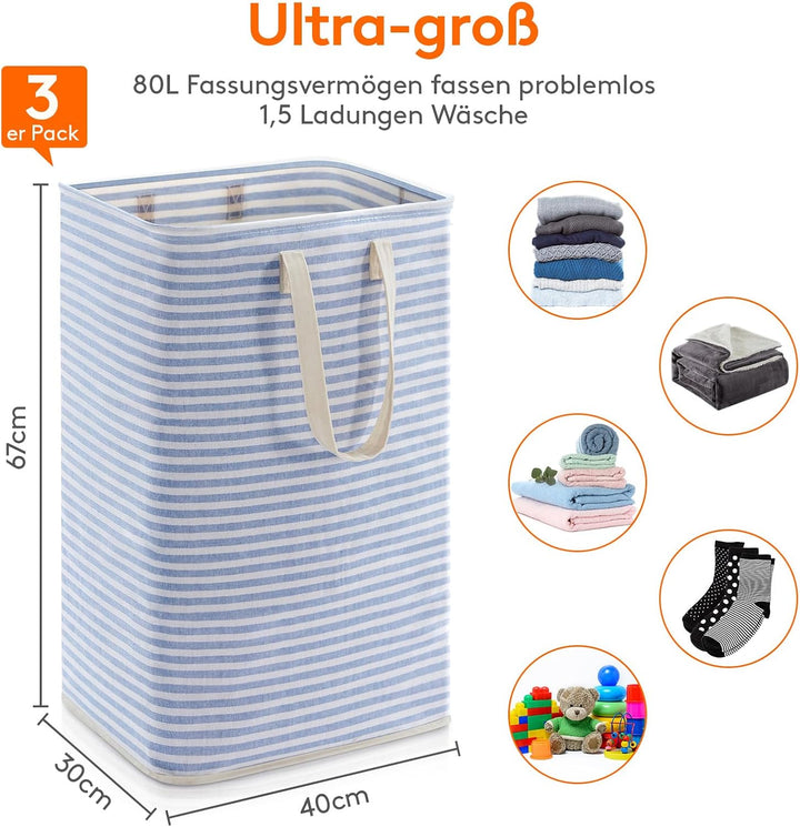 Lifewit 3 Stück 80L Wäschekorb aufrecht, zusammenklappbarer wasserdichter grosser Wäschekorb mit lei