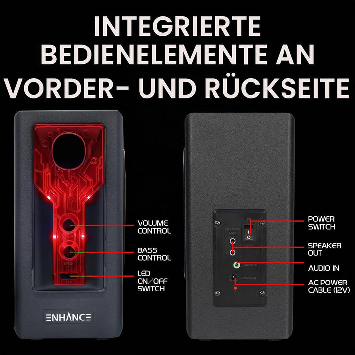 ENHANCE SB 2.1 Computerlautsprecher mit Subwoofer – Rot LED-Gaming-Lautsprecher, High-Excursion-Soun