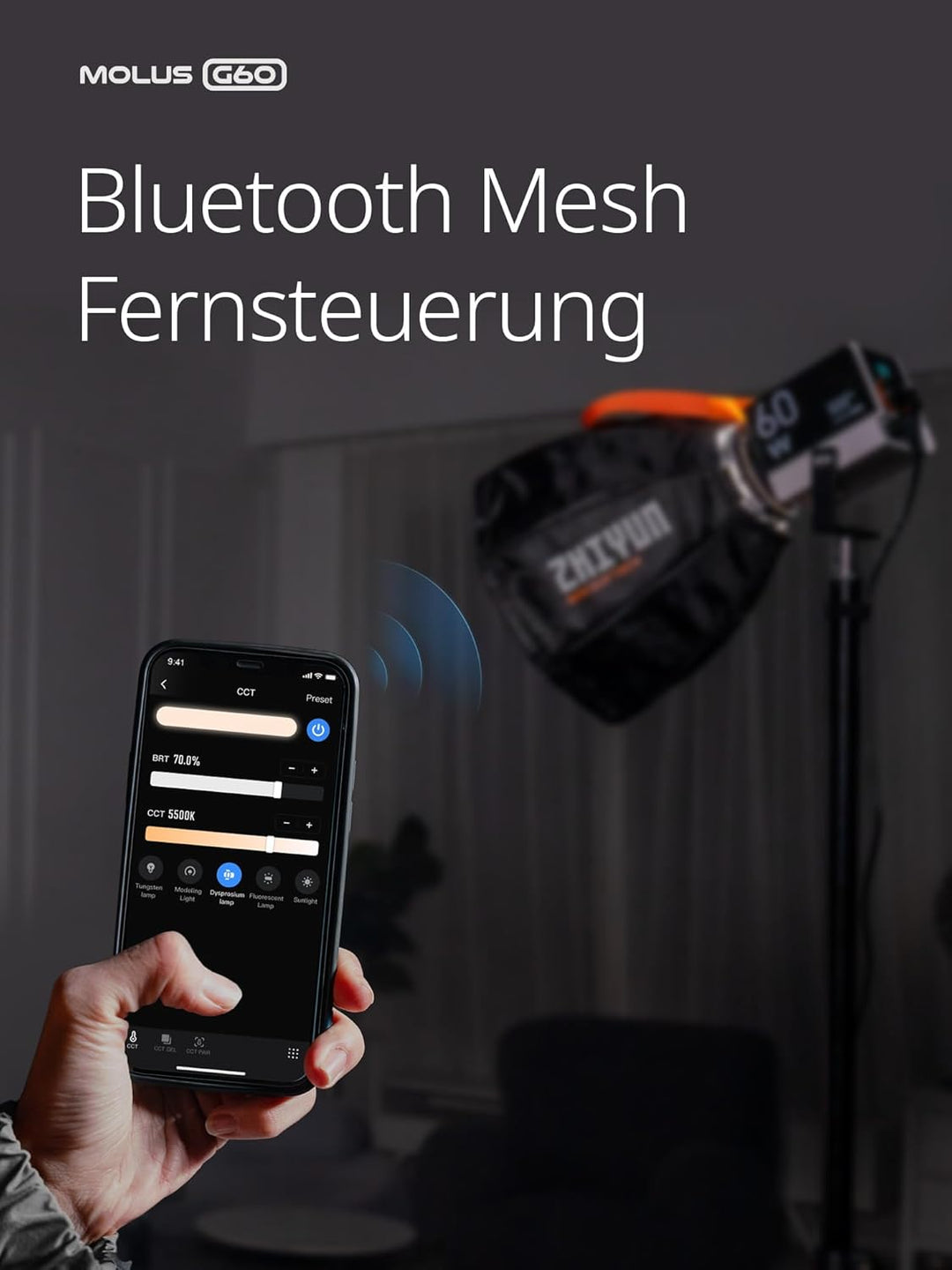 ZHIYUN Molus G60 Combo [Official] Videoleuchte 60W, COB LED Videolicht Tragbar, Bi-Color Streaming L