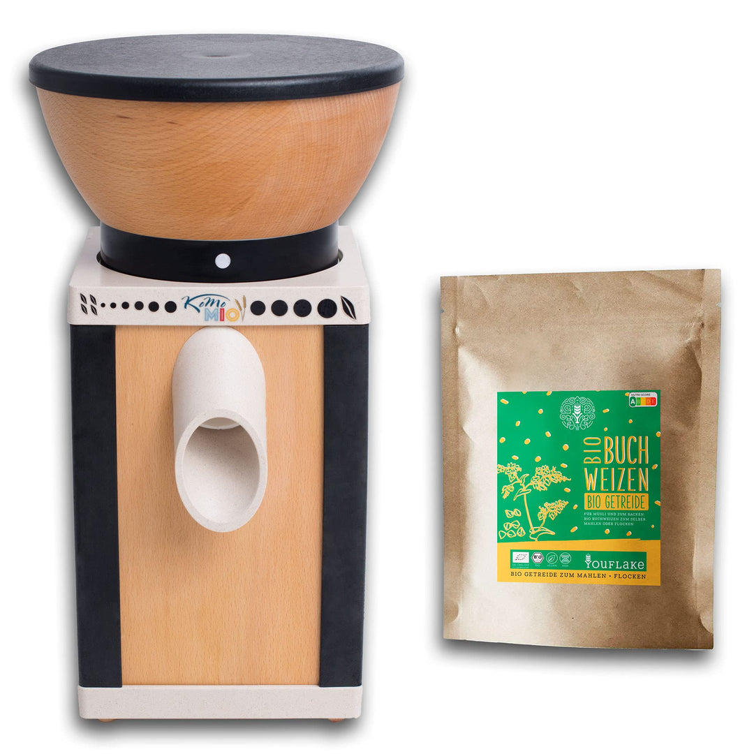KoMoMio Schwarz| Made in Austria | Edelkorund und Keramik Mahlstein | + 2,5 kg Bio Buchweizen KoMoMi