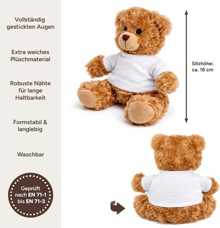 Kuscheltier Teddybär personalisiert – Flauschiges Plüschtier mit weissem T-Shirt zum Bedrucken – Wei