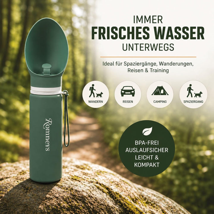 ROMNEYS Hundetrinkflasche mit integriertem Napf – Faltbare Silikon Trinkflasche für Hunde, auslaufsi