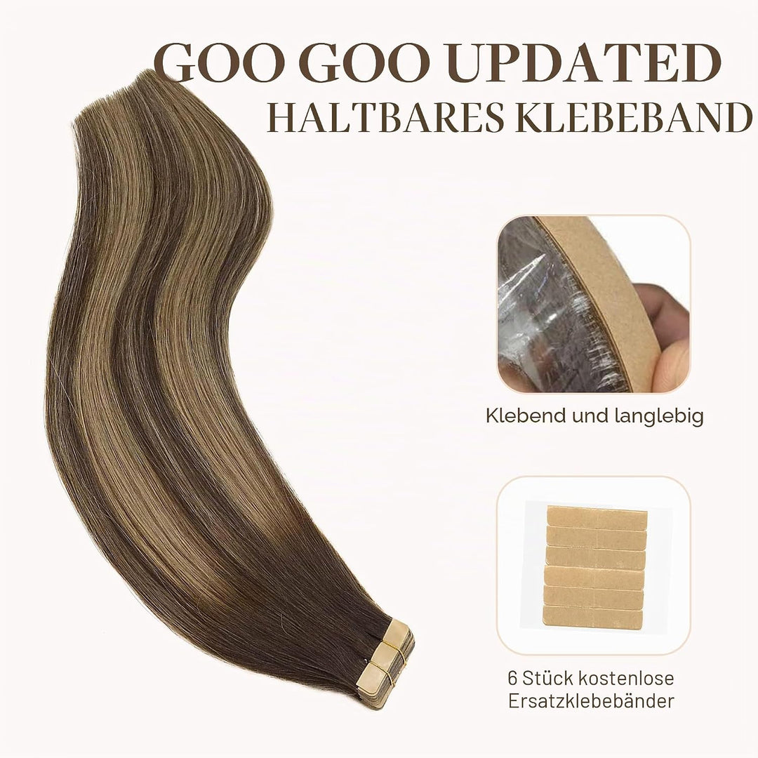 GOO GOO Tape in Extensions Echthaar, Balayage Schokoladenbraun Gemischter Honig Blond 40pcs 100g 35c