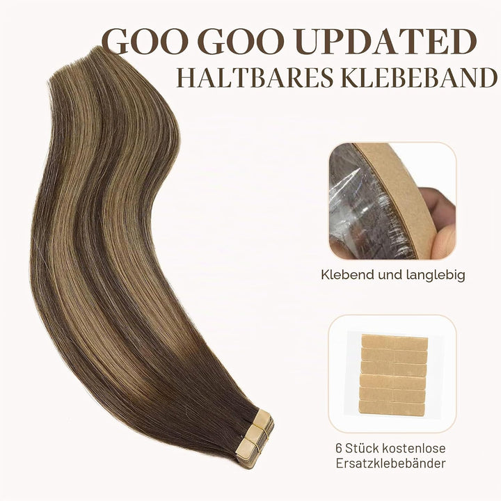 GOO GOO Tape in Extensions Echthaar, Balayage Schokoladenbraun Gemischter Honig Blond 40pcs 100g 35c