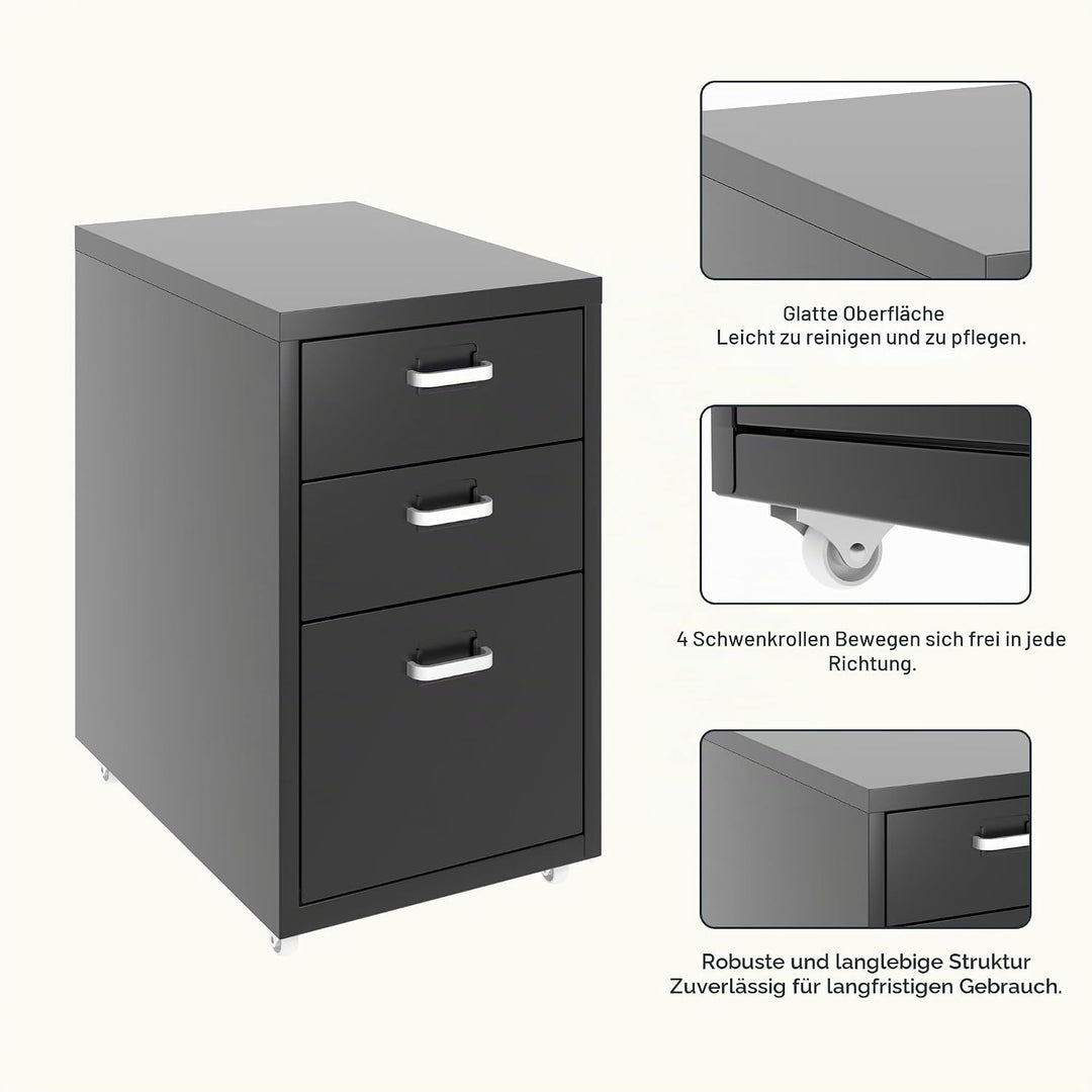 FLEXISPOT Rollcontainer Büroschrank mit 3 Schubladen, Aktenschrank Metallschrank Kommode mit Rädern,
